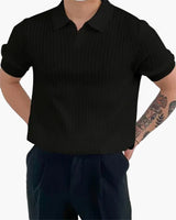 Joshua | V-Ausschnitt Rippenstrick-Poloshirt für Männer – Schwarz