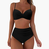 Zweiteiliges Bikini-Set - Damen Bademode mit Blumenprint & Bund – Schwarz