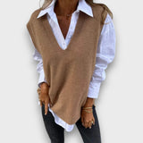 Lamielle – Strick-Weste mit V-Ausschnitt in Camel – Hellbraun