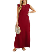 Romaisa | Lässiges langes Kleid mit Schlitz und bügelfrei – Rotwein