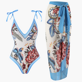 Badeanzug-Set für Damen - mit Blumenmuster und Pareo-Überwurf – Hellblau