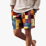 Herren Badeshorts mit elastischem Bund und mehrfarbigem Blockmuster – Orange