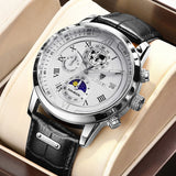 Chronographuhr mit hochwertigem Lederarmband – Silberweiß
