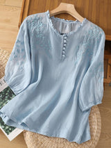 Kissina – Bestickte Bluse Aus Baumwollleinen – Blau