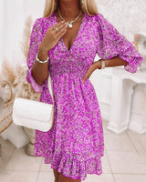 Solene - Geblümtes langärmeliges Minikleid – Fuchsia