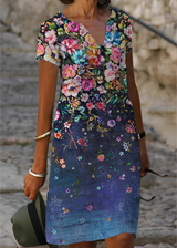 Kristina - Stilvolles, kurzärmeliges Blumenkleid für Damen – Blau