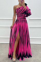 Vanessa | Einschulter Gestreift Maxikleid – Rosé Rot
