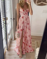 Flaura – Maxikleid mit floralem Rüschenschlitz – Rosa