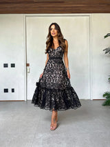 Luciana - Midikleid aus Spitze mit Schleifen – Schwarz