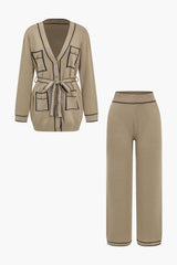 Athena | Elegantes Strick-Set mit Gürtel-Cardigan & Weitbein-Hose – Khaki