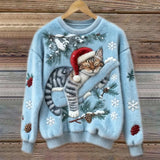 Elisabetta – Plüschpullover Mit Fauler Katze – Blau