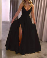 Fließendes Maxikleid mit V-Ausschnitt und Schlitz – Schwarz