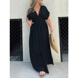 Elegantes Maxikleid Damen Sommer mit Schlitz & V-Ausschnitt | Langes Boho Strandkleid – Schwarz