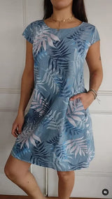 Damen Baumwolle Leinen Bedrucktes Sommerkleid mit Taschen – Meeresblau