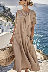 Anette - Kurzarm Rundhals mit Bindeband – Beige