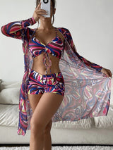 Catherine – 3-teiliges Bikini-Set mit Langarm-Cardigan für den Sommerstrand – Saphirblau