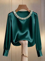 Avara - Elegante perlenbesetzte Bluse – Grün