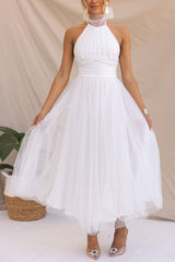 Elegantes Tüllkleid – Halterneck Midikleid mit A-Linie & Schleierkragen – Weiß