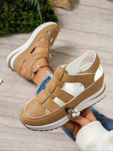 Bequeme Sandalen mit Keilabsatz und Klettverschluss für Damen – Braun