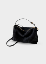 Wildleder Handtasche Damen – Vintage Umhängetasche mit Reißverschluss – Schwarz