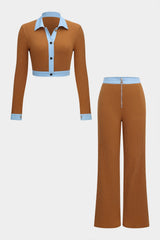 Lara | Modernes Zweiteiler-Set mit Hemd & Wide-Leg-Hose – Braun