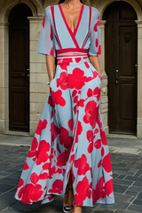 Elisa - Stilvolles Wickelkleid mit floralen Motiven – BLAU/ROT