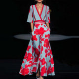 Elegantes Kleid mit Ärmeln – Rot Blau