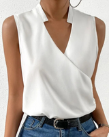 Damen Elegantes Ärmelloses Wickeloberteil | V-Ausschnitt Bluse – Weiß