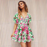 Camila - Geblümtes Minikleid mit Puffärmeln – Grüne Rose