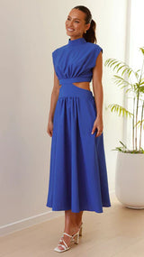 Elegantes schwarzes Midikleid mit Cut-Outs – Stehkragen & Plissee für stilvolle Auftritte – Blau