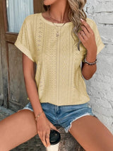 Damen Shirt | Rundhals mit Lochmuster und Kurzarm – Gelb