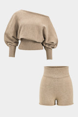 Luana | Stylishes Strick-Zweiteiler-Set mit One-Shoulder-Pullover & High-Waist-Shorts – Karamell