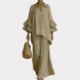 Catrin - Set aus Tunika mit Rüschenärmeln und Hose – Beige