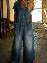 Denise | Denim-Overall mit V-Ausschnitt und kurzen Ärmeln – Blau