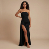 Amy - Strapless Raffung Bodycon Maxikleid mit hohem Schlitz – Schwarz