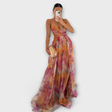 Annai Elegantes Figurbetontes Mesh Maxi Kleid – Orange