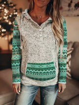 Galia - Vintage Langarm Kapuzen Pullover Mit Knöpfen – Grau-Grün