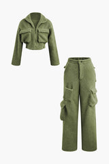 Misha | Teddy-Zweiteiler mit Cargohose & Cropped-Jacke – Armeegrün