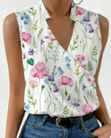 Damen Elegantes Ärmelloses Wickeloberteil | V-Ausschnitt Bluse – Blumen 1