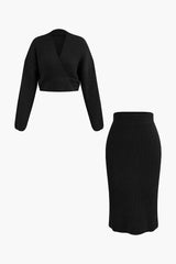 Klara | Elegantes Strick-Set mit Wickel-Oberteil & Bleistiftrock – Weiß