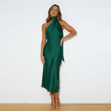Stuttgart | Frauen Satin Drapierung Split Hollow Dünn Elegantes Kleid – Dunkelgrün