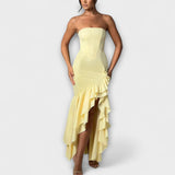 Zuri - Asymmetrisches Off-Shoulder Maxi-Kleid in Slim Fit – Gelb