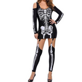 Damen Halloween-Kostüm Set | Schulterfrei & Mit Knochenprint – Schwarz