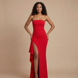 Amy - Strapless Raffung Bodycon Maxikleid mit hohem Schlitz – Rot