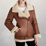 Alva - Stilvolle Leder-Bikerjacke mit Polokragen und Gürtel – Braun
