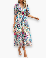 Damen Elegantes Blumendruck Midikleid | Midi Sommer Kleid – Weiß/Blau/Rosa