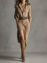 Sofia™ - Elegantes Wildlederkleid – Khaki