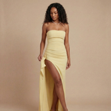 Amy - Strapless Raffung Bodycon Maxikleid mit hohem Schlitz – Zitrone