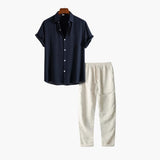 Herren Sommer Schlafanzug Set mit Kurzarmhemd und langer Hose – Marineblau