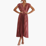 V-Ausschnitt Midi Abendkleid für Frauen - Elegante Faltenoptik – Rosa Rot